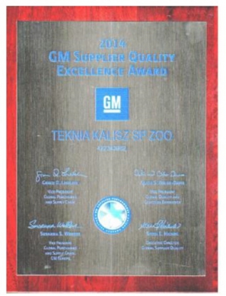 Teknia Kalisz recibe el premio a la Excelencia en Calidad de Proveedor GM 2014