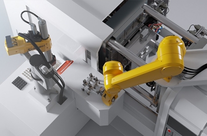 Robot de 6 ejes TX2 de Stäubli manipulando e intercambiando pantallas de gran formato