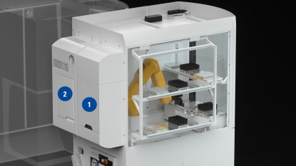 Cargador robótico para máquinas de medición con módulos para la limpieza de herramientas y el marcado láser