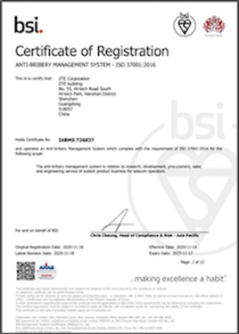 ANAB reconoce el sistema de gestión antisoborno de ZTE con la concesión del certificado ISO 37001