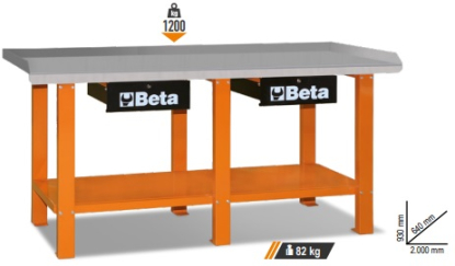 Banco de trabajo con encimera de chapa barnizada con borde perimetral