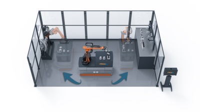 Célula de WFL con un robot móvil instalado en un AGV para cargar y retirar herramientas y piezas