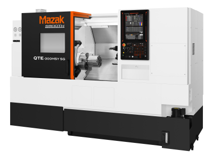 Torno de 2 ejes QTE 300 MSY TA de Mazak con robot Turn-Assist de RoboJob